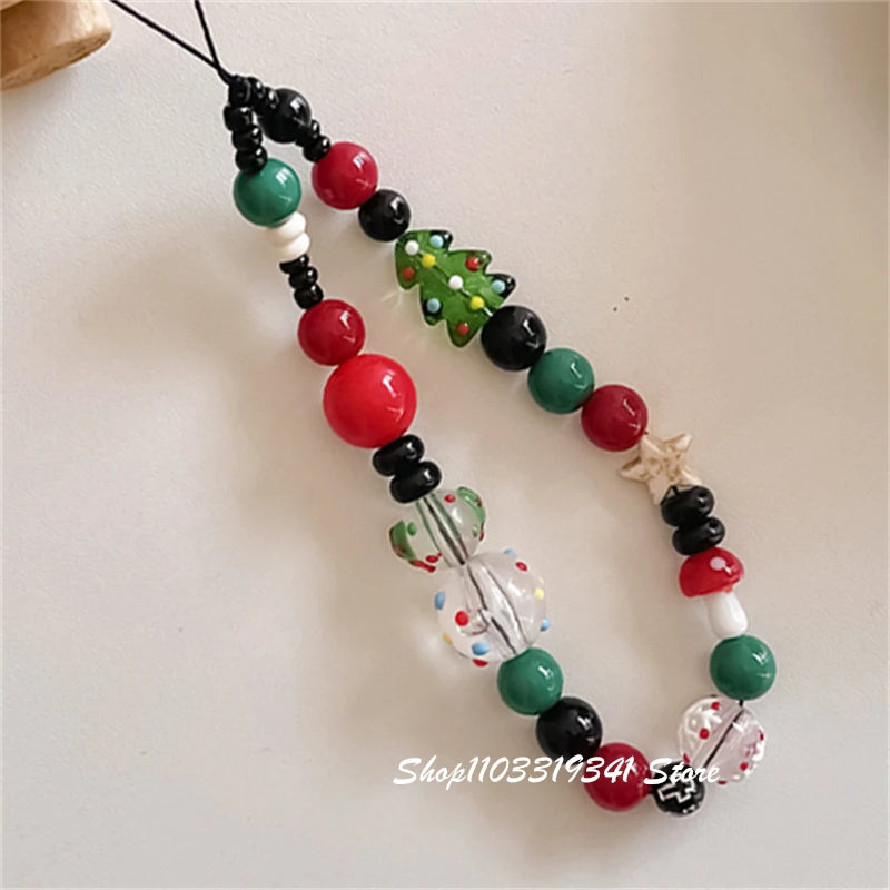 INS Cute Christmas Tree Beaded Phone Charm Chain For Phone Case Phone Straps Accessories Anti-Lost Keychain Lanyard Girl Gift