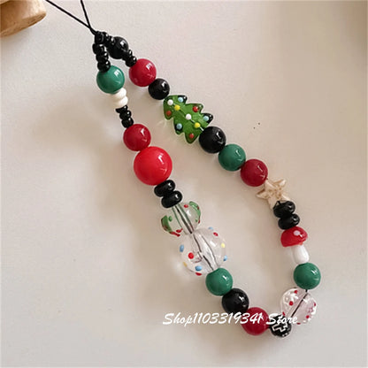 INS Cute Christmas Tree Beaded Phone Charm Chain For Phone Case Phone Straps Accessories Anti-Lost Keychain Lanyard Girl Gift