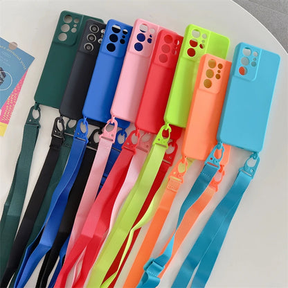 Crossbody Lanyard Necklace Case For Samsung Galaxy A32 A22 A12 A52 S21 S20 FE S22 S23 Ultra Plus Soft Silicone Cord Strap Cover