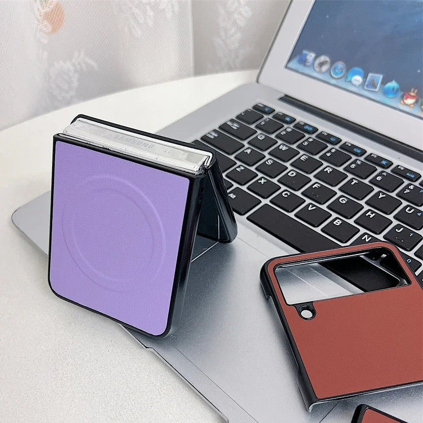 Business PU Leather Magsafe Case for Samsung Galaxy Z Flip 3 4 5 6 7 PC Shockproof Magnetic Wireless Charging Z Flip 6 7 Cover