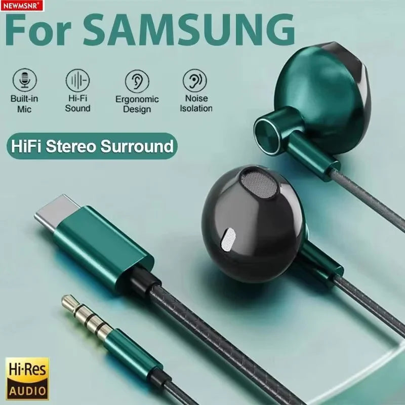 Type C&3.5mm Headphones Volume Control Headset With HD Mic Wired Earbuds For iPhone15/16 Samsung Galaxy Earphones