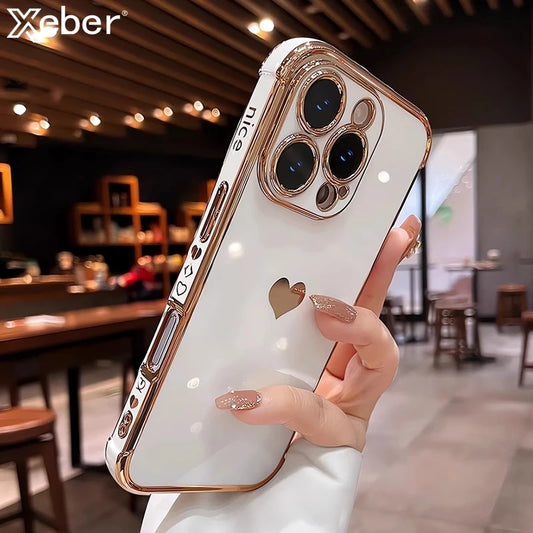 Plating Heart Laser Aurora Matte Case For iPhone 17 11 12 13 14 15 16 Pro Max Plus Camera Protection Silicone Shockproof Cover