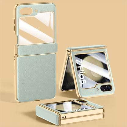 For Samsung Galaxy Zflip 5 6 Luxury Plating Pure Leather Hinge Phone Case For Samsung Z Flip5 Flip 6  Lens Protection Back Cover