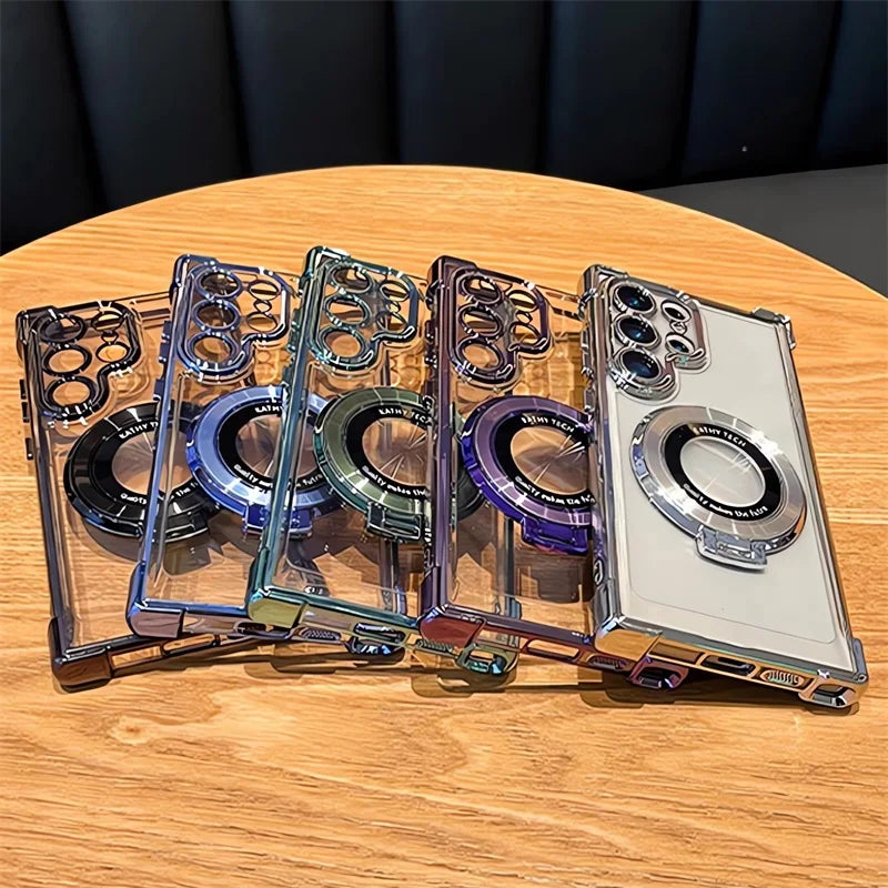 Luxury Magnetic Plating Stand Shockproof Clear Case For Samsung Galaxy S25 S24 Ultra S23 S22 Note 20 10 Plus Acrylic Back Cover