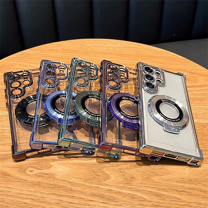Luxury Magnetic Plating Stand Shockproof Clear Case For Samsung Galaxy S25 S24 Ultra S23 S22 Note 20 10 Plus Acrylic Back Cover