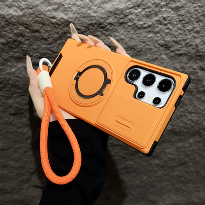 Armor Magnetic Bracket Case For Samsung Galaxy S25 S24 S23 S22 S21 Ultra Plus With Lanyard Slide Camera Protect Shockproof Cover