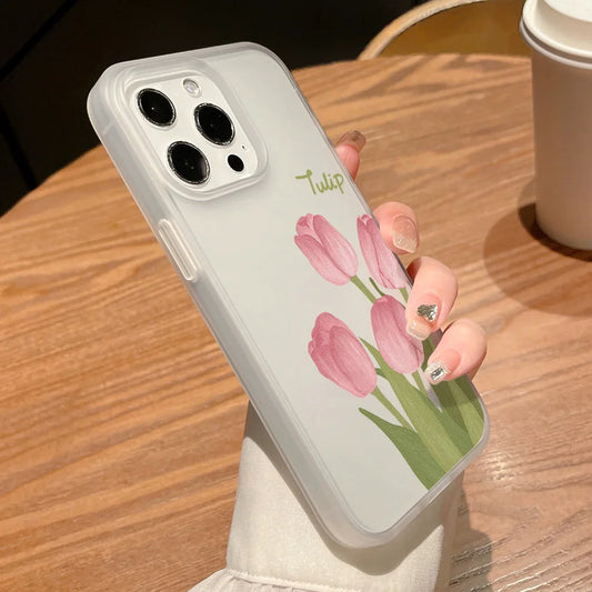 Matte Transparent Soft Silicone Phone Case For iPhone 16 15 ProMax 13 14 12 11 ProMax 12 13 Mini Tulip Silicone Shockproof Cover