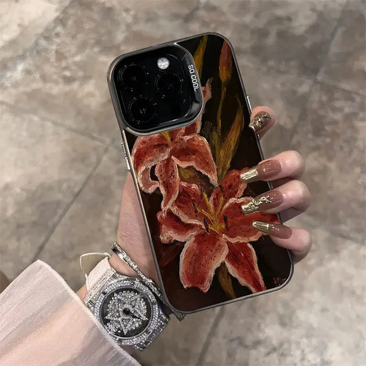 Oil Painting Lily Flower Retro Pattern Phone Case For iPhone 16 15 14 Pro Max 16E 13 12 11 XS X XR 7 8 Plus Shockproof Cover