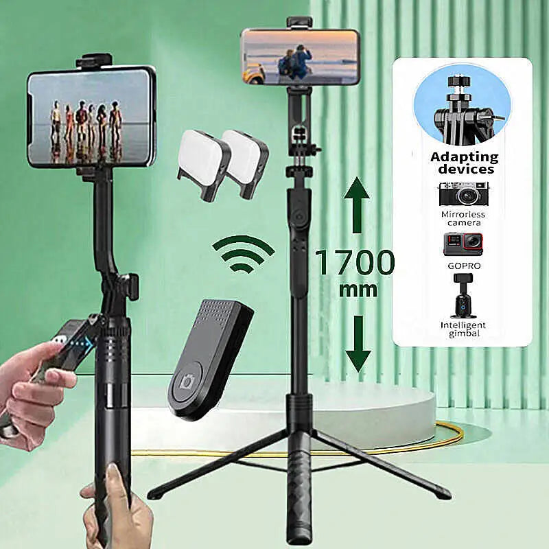 BSLIUFANG 2025 1.7M 360° rotation wireless convenient remote control selfie stick tripod foldable stand with light smartphone
