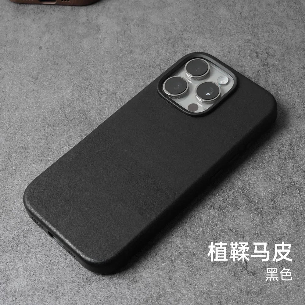 YMW Magnetic Genuine Leather Case for iPhone 17 16 Pro Max 15 14 Personality Horsehide Magnetic Phone Cover