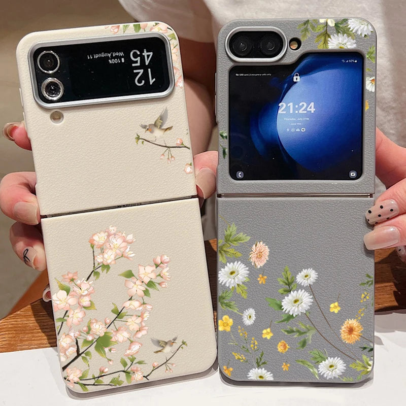 For Samsung Galaxy Z Flip 7 5 4 3 6 5G Small Flowers Folding Phone Case Leather Texture TPU Soft Cover For Samsung Z Flip3 Flip4