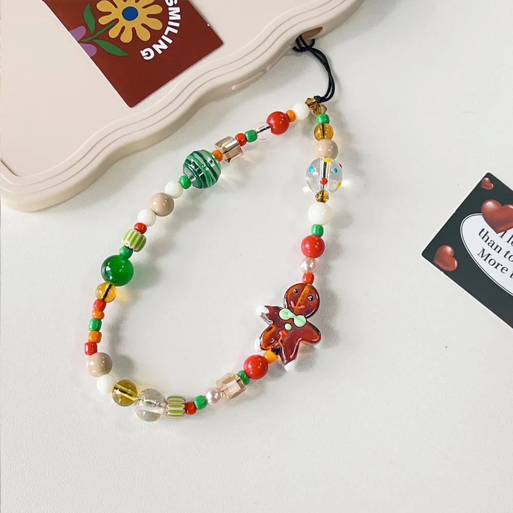 Korean 3D Cute Cartoon christmas  ornaments Gingerbread man Beaded Phone Chain Lanyard Charm Keychain For iPhone Anti-Lost Chain