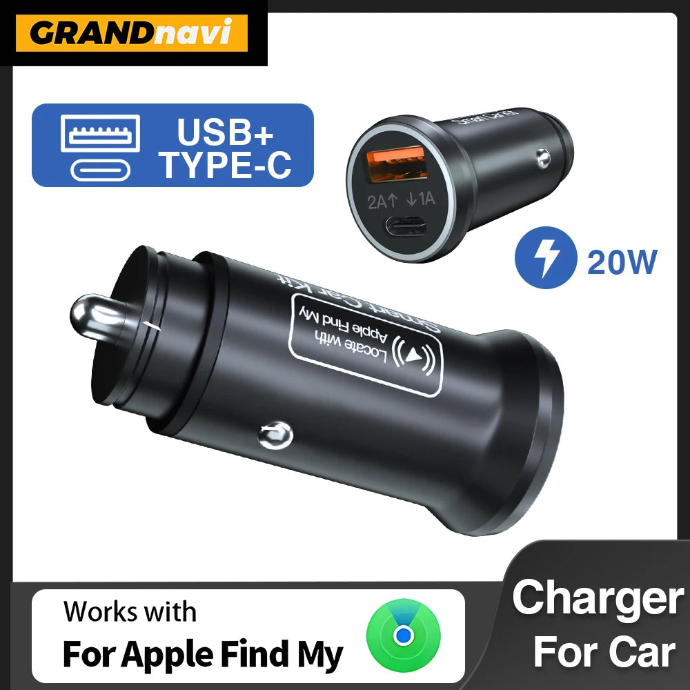 GRANDNAVI Universal Mini Car Charger Cigarette Lighter USB Type-C Adapter Hidden GPS Locator Track For IOS Apple System Find My