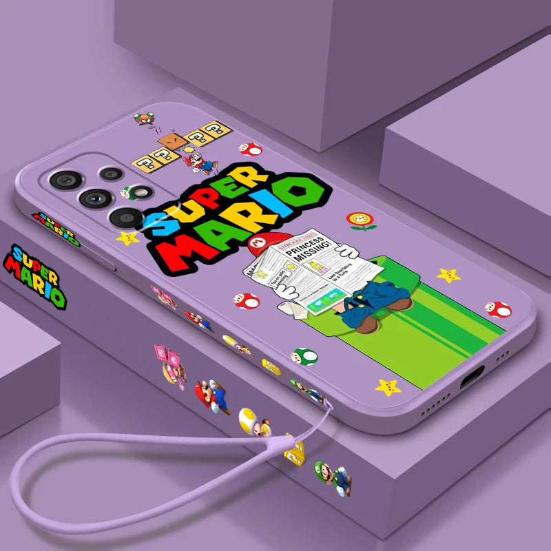 S-Super M-Marios B-Bros Cute Liquid Left Rope For Samsung A53 A52 A55 A32 A51 A71 A21S A13 A73 A55 A72 A23 A35 A05 5G Cover