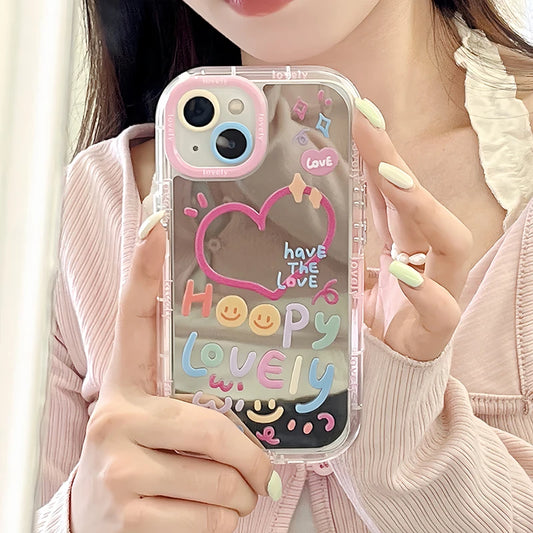 Cute Happy Lovely Love Heart Colorful With Mirror Phone Case For iPhone 11 12 13 14 15 16 17 Pro Max Air Shockproof Back Cover