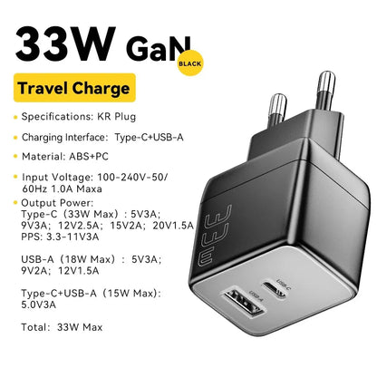 Essager GaN 33W USB Charger Fast Charger PD QC 3.0 USB C Charger Quick Charger For iPhone 14 13 Travel Charger for Samsung S21