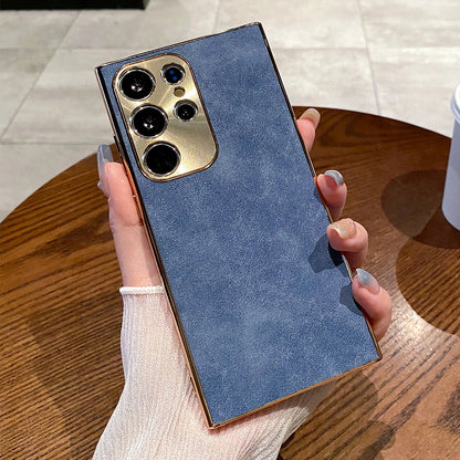 Luxury Plating Matte Suede Leather Case For Samsung Galaxy S25 S24 Ultra S23 S22 Plus Camera Protection Shockproof Bumper Cover