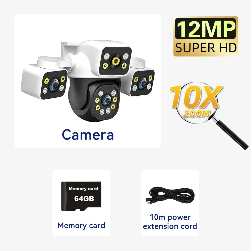 6K 12MP Outdoor WiFi Camera Three Screen Three Lens 10X Zoom PTZ Automatic Tracking Audible Visual Alarm Security Cam