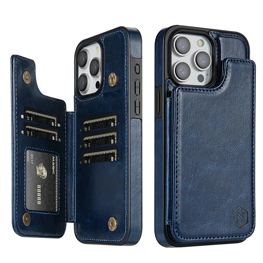 Wallet Solid Color Magnetic Double Buckle RFID Blocking Card Leather Case For iPhone 15 Pro Max 14 Plus 13 12 11 XR XS SE 2 8 7