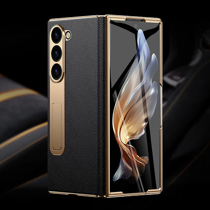 LANGSIDI Leather Case for Samsung Galaxy Z Fold 6 5 4 3 Fold6 Fold5 Gold Plating Magnetic Hinge Stand Cover with Mirror Film