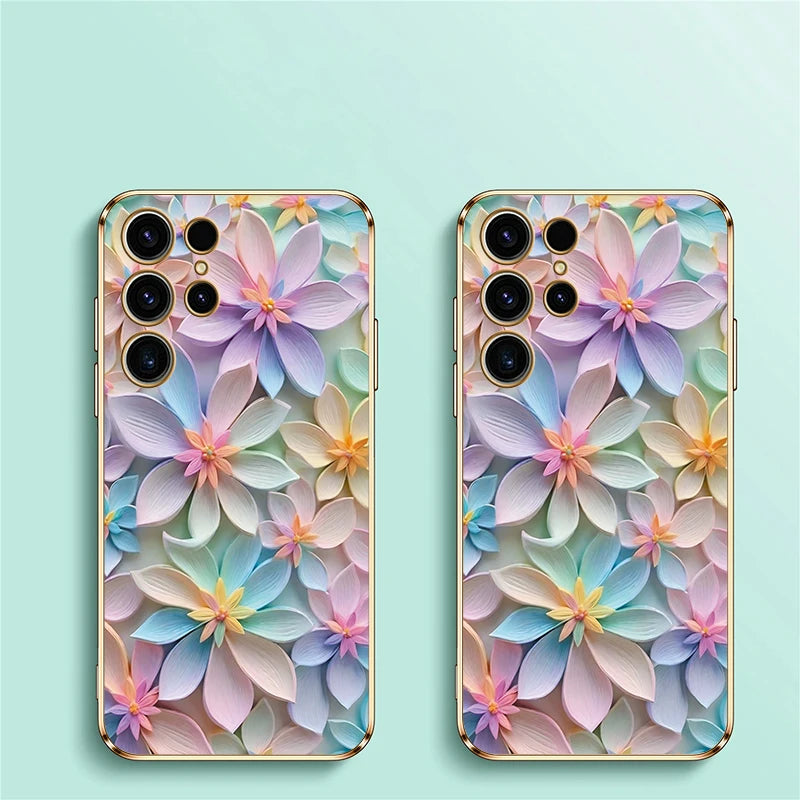 S25 Ultra Soft Silicone Case For Samsung Galaxy S22 S21 S25 Plus S24 FE S24 Plus Shockproof Flower Pattern Plating Cover