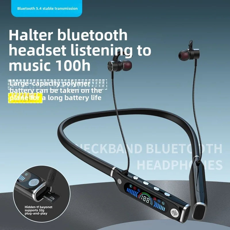 Neck-hanging outdoor sports Bluetooth headset Hidden TF card LCD digital display Long battery life Large capacity battery headse