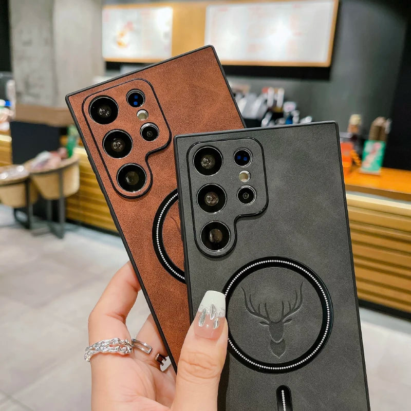 Luxury Leather For Magsafe Magnetic Wireless Charging Phone Case For Samsung S24 Ultra S23 S22 S21 S25 Note 20 Ultra Plus Cover