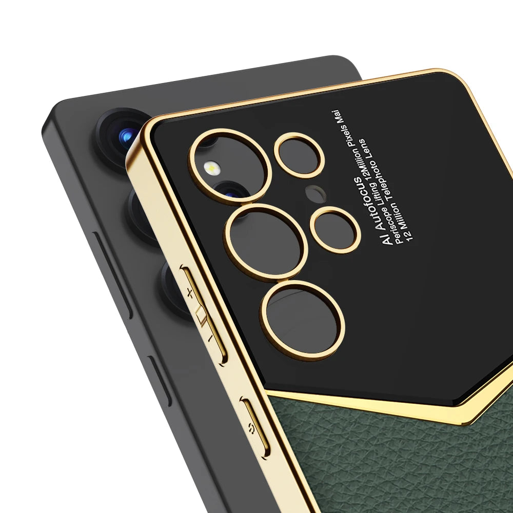 Luxury Leather Plating Frame S24Ultra S25Ultra Case For Samsung Galaxy S23 S24 S25 Ultra Soft Edge Shockproof Protection Cover
