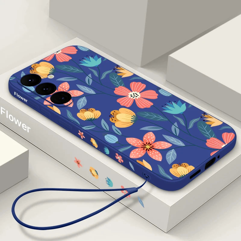 Colorful Flower Case For Samsung Galaxy S24 S23 S22 Ultra S21 S20 FE A56 A15 A35 A55 A52 A53 A54 5G S25 Silicone Lanyard Case