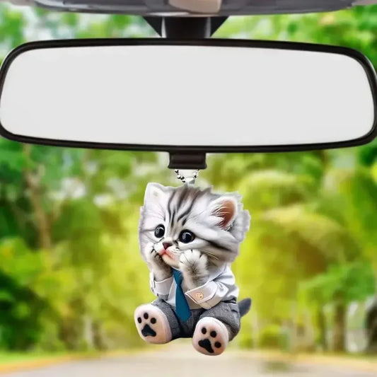 2D Car Pendant Hanging Ornament with Chain Realistic Animal Cat-Shaped Rearview Mirror Hanging Decor Car Interior Accessories