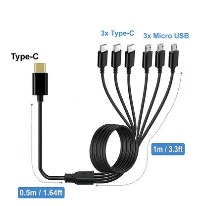 6 In 1 Micro USB/Type C Splitter Cable 3 in 1 USB to Micro USB/Type C Charing Cable For iPhone15 Android Samsung Tablet and More