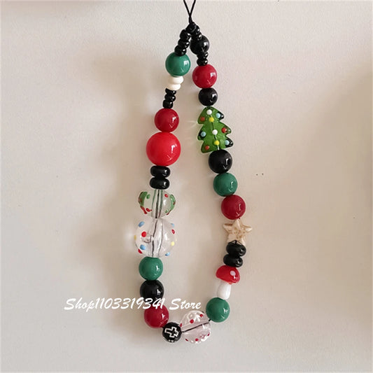 INS Cute Christmas Tree Beaded Phone Charm Chain For Phone Case Phone Straps Accessories Anti-Lost Keychain Lanyard Girl Gift