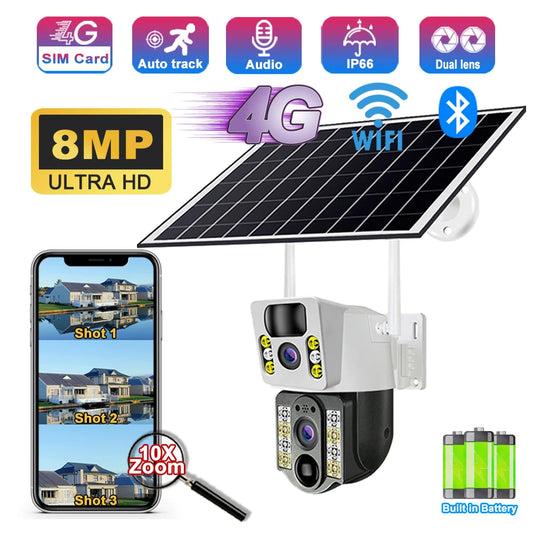 8PM Solar Camera 4K Dual lenses 4G Sim Wifi Outdoor Dual Lens PIR Human Detection IP66 Waterproof CCTV Video Surveillence
