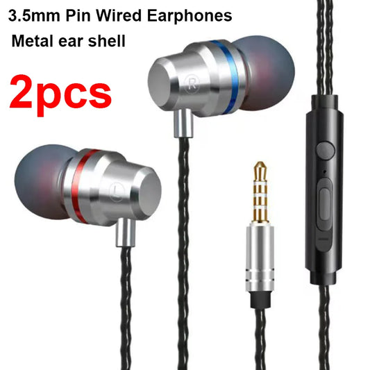 2pcs Wired Earphones, 3.5mm-Pin Wired headphone With Mic, HiFi Stereo Game Headset ,Noise Cancelling Metal Earbuds, For Xiaomi