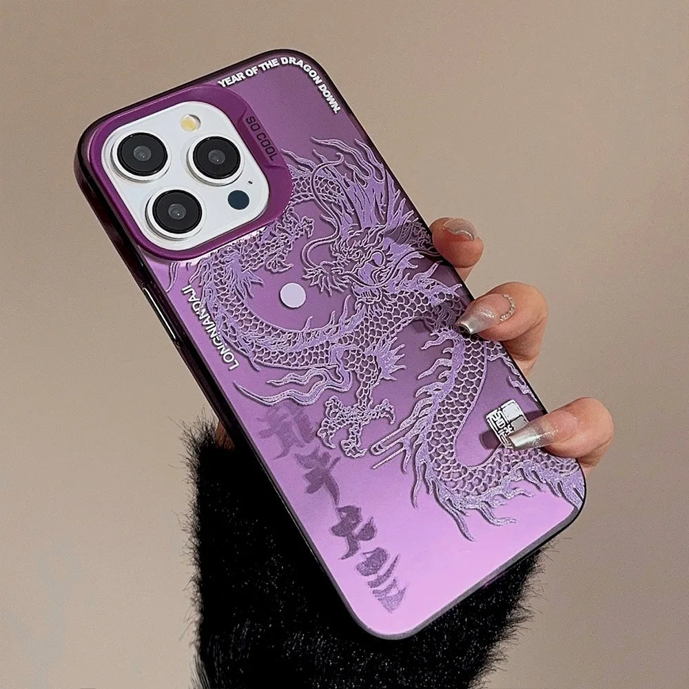 Luxury Dragon Embossed Phone Case for iPhone 15 Pro Max Plus 14 13 12 11 Pink Purple Green Black White Shockproof Phone Cover