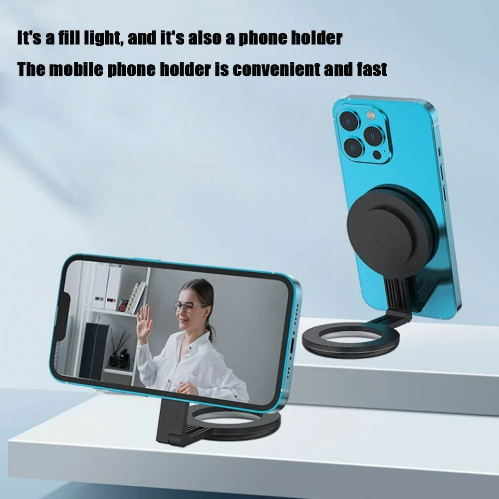 LED Magnetic Selfie Ring Light For iPhone 16 15 Magsafe Fill Light Photography Live Broadcast Ring Lamp Retractable Flip Bracket