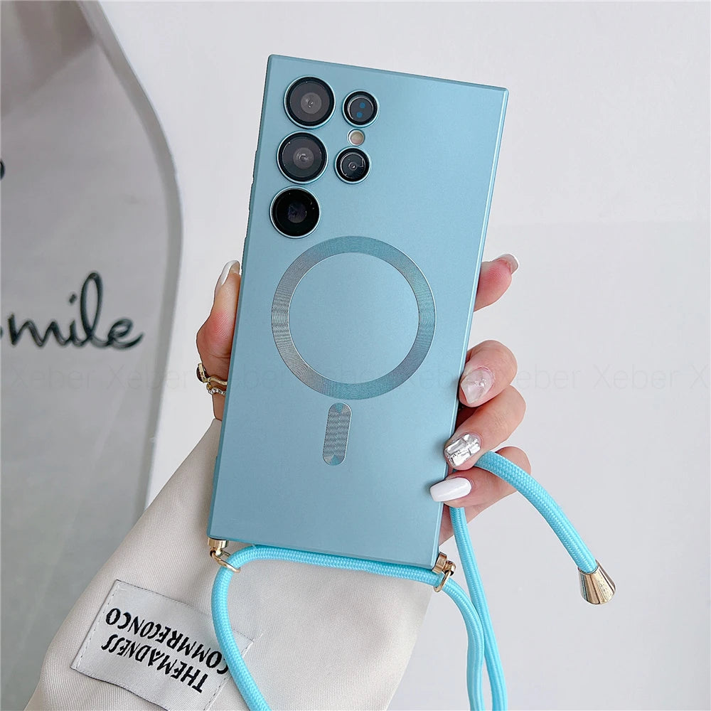 Lanyard Crossbody Necklace Magnetic Charge Case For Samsung S25 S24 S23 Ultra S22 S21 Plus S20FE Note 20 Matte Cover For Magsafe