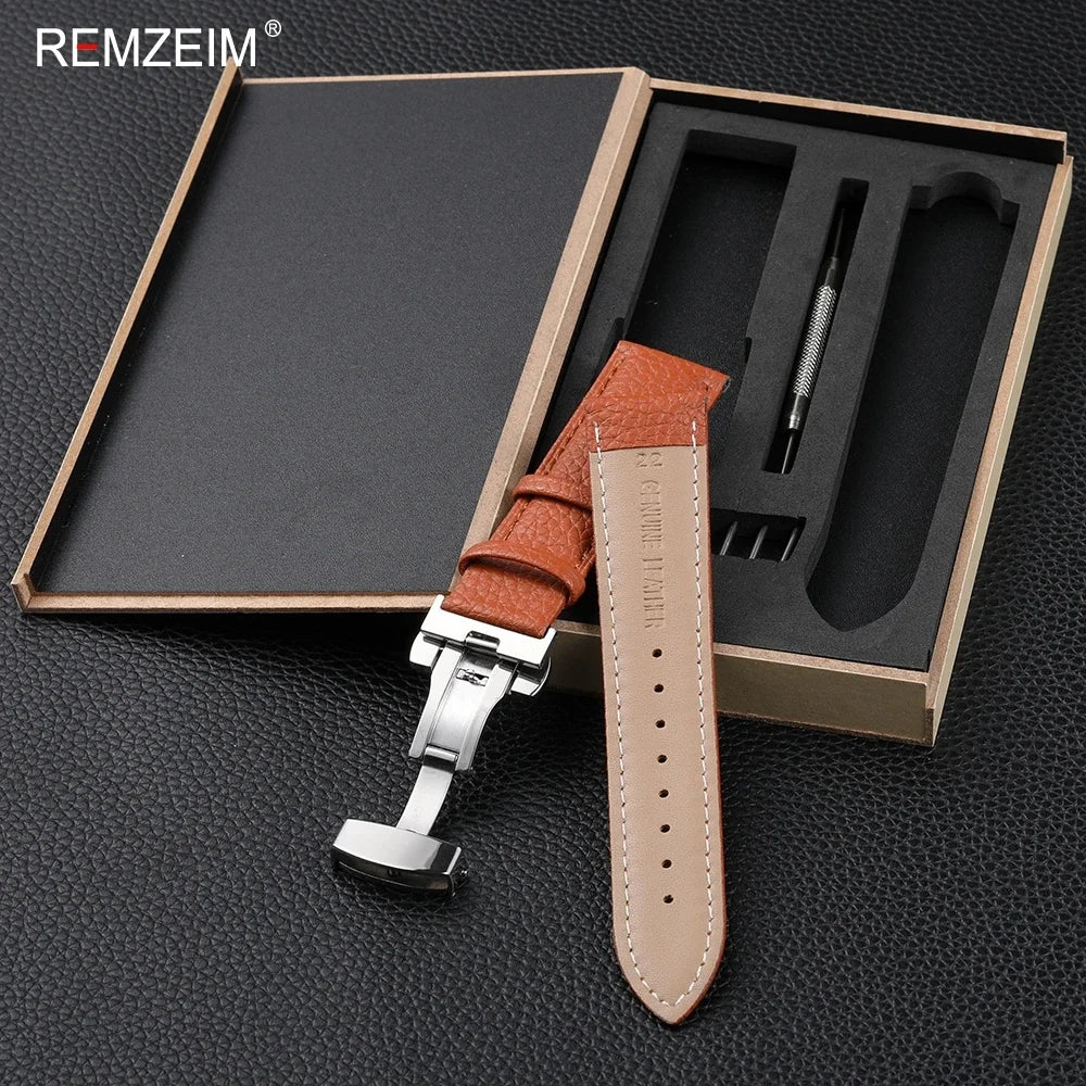 Litchi Pattern Design Leather Wrist Band 18mm 20mm 22mm Men Women Strap with Butterfly Buckle Gift Box Packaging Watchband