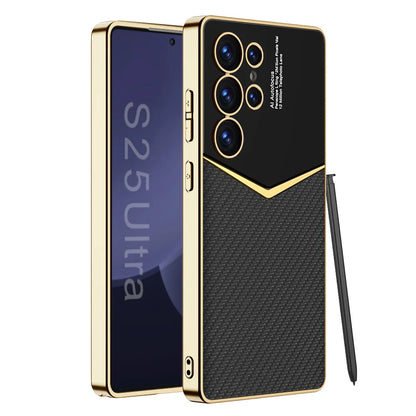 Luxury Leather Plating Frame S24Ultra S25Ultra Case For Samsung Galaxy S23 S24 S25 Ultra Soft Edge Shockproof Protection Cover