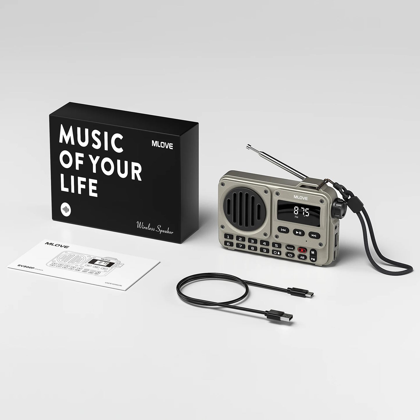 MLOVE BV800P Portable Bluetooth Speaker with FM Radio, MP3 Player, USB/TF Card, AUX & Antenna – All-in-One Audio for On-the-Go