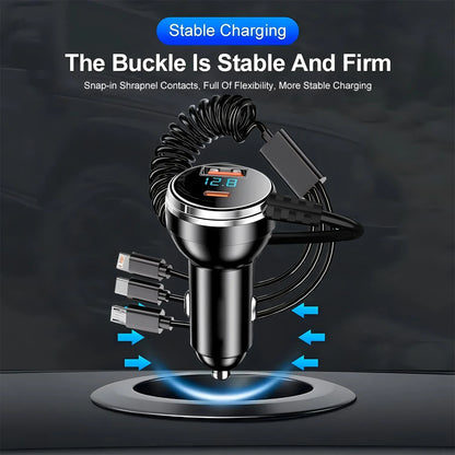 230W Car Charger Fast Charging USB Type-C PD QC3.0 with Retractable Cable Universal Phone Adapter for iPhone Samsung Xiaomi