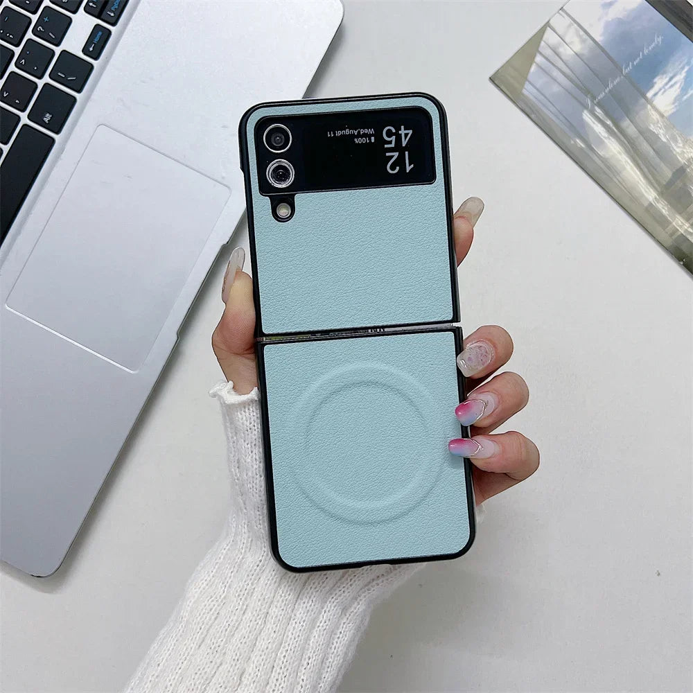 Business PU Leather Magsafe Case for Samsung Galaxy Z Flip 3 4 5 6 7 PC Shockproof Magnetic Wireless Charging Z Flip 6 7 Cover