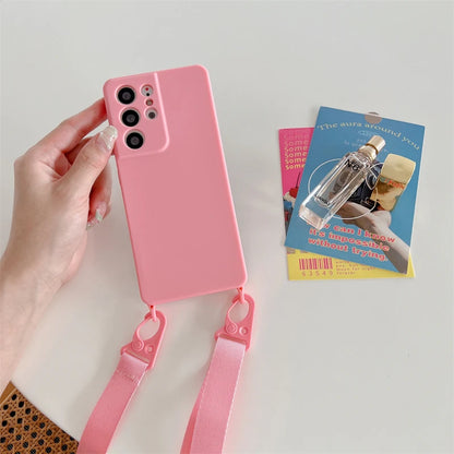 Crossbody Lanyard Necklace Case For Samsung Galaxy A32 A22 A12 A52 S21 S20 FE S22 S23 Ultra Plus Soft Silicone Cord Strap Cover