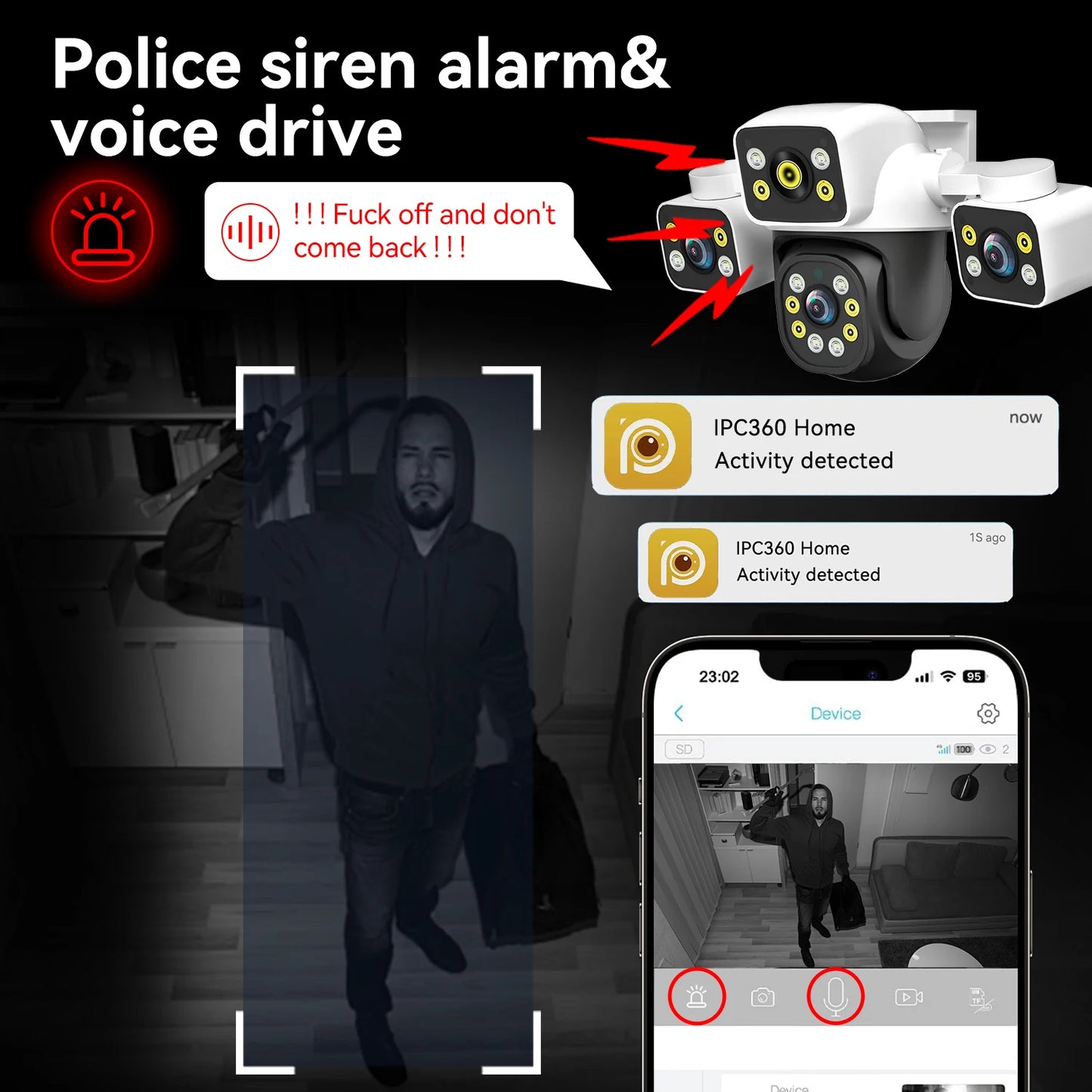 6K 12MP Outdoor WiFi Camera Three Screen Three Lens 10X Zoom PTZ Automatic Tracking Audible Visual Alarm Security Cam