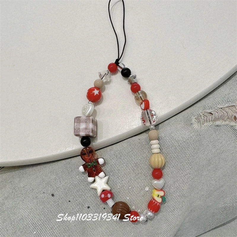 Cute Christmas Cookie Man Beaded Phone Charm Chain For Phone Case Phone Straps Accessories Anti-Lost Keychain Lanyard Girl Gift