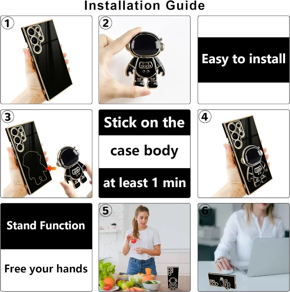 Luxury Astronaut Stand case for Samsung Galaxy S21 S22 S23 S24 S25 FE Ultra Plus Slim Fit Soft Shockproof  Electroplated Cover