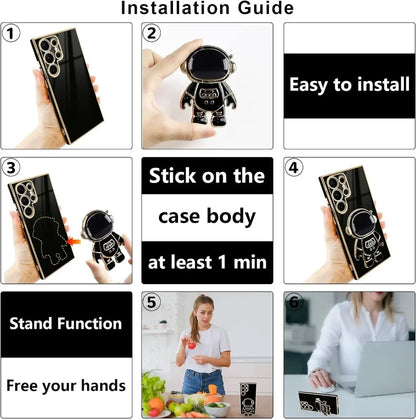 Luxury Astronaut Stand case for Samsung Galaxy S21 S22 S23 S24 S25 FE Ultra Plus Slim Fit Soft Shockproof  Electroplated Cover