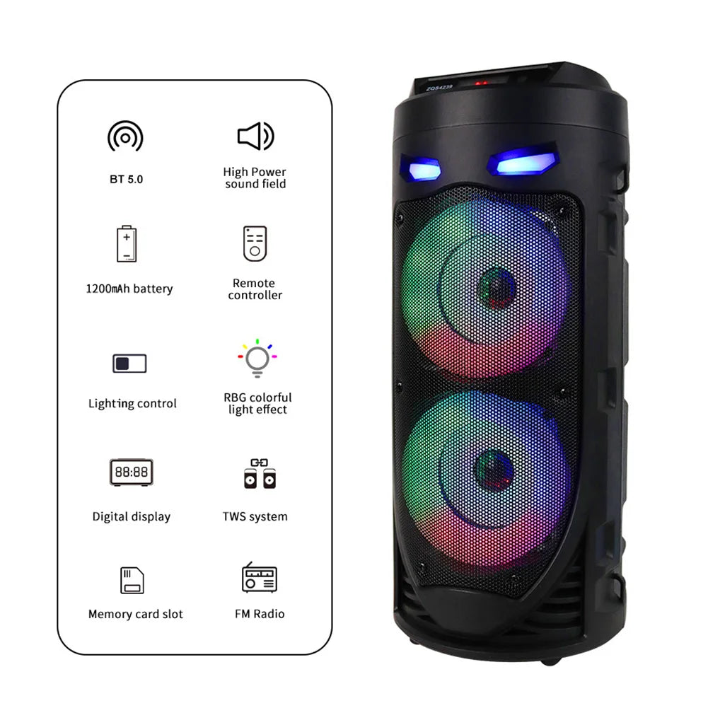Bluetooth-Compatible Speaker Portable Speaker with Double Subwoofer Deep Bass Lights Wireless Stereo Speaker for Outdoor Party