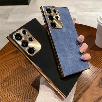Luxury Plating Matte Suede Leather Case For Samsung Galaxy S25 S24 Ultra S23 S22 Plus Camera Protection Shockproof Bumper Cover
