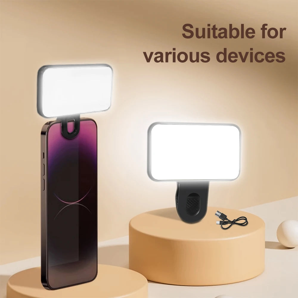Mini Selfie Fill Light Rechargeable 3 Color Modes Adjustable Brightness Clip on Mobile Phones Computers Photography LED Lights